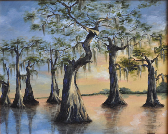 570x455 Print Of Painting Of Sunset Cypress Trees Painting Bayou - Cypress Bayou Painting