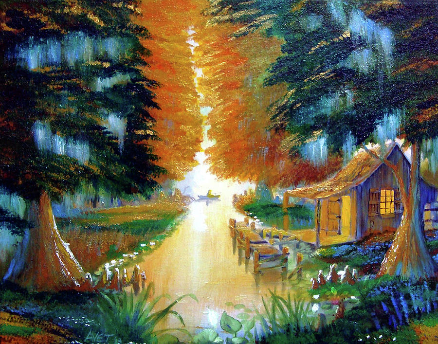 900x707 Camp At Cypress Bayou Painting By Nicolas Avet - Cypress Bayou Painting