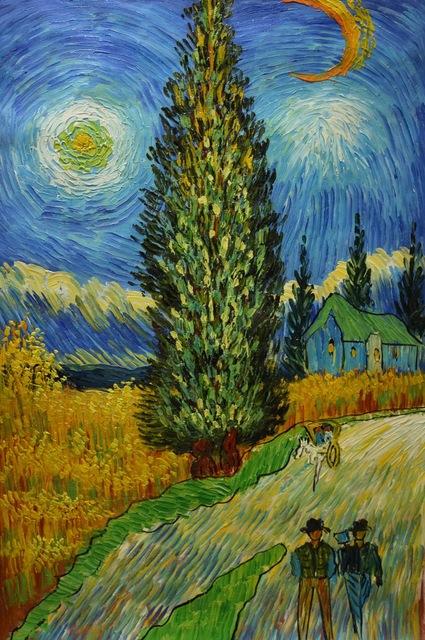 425x640 Handpainted Van Gogh Oil Painting Road With Cypress And Star - Cypress Painting