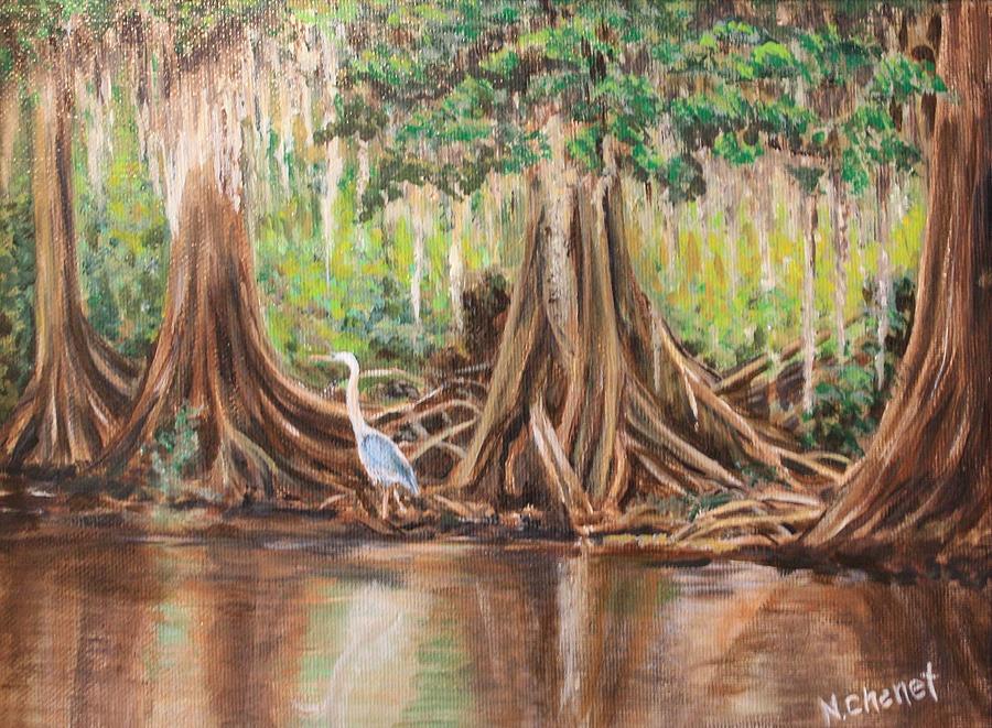 900x661 Heron By The Cypress Trees Painting By Nancy Chenet - Cypress Painting
