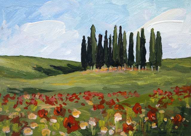 640x454 John K. Harrell Fine Art Cypress And Poppies 5 X 7 Acrylic - Cypress Painting