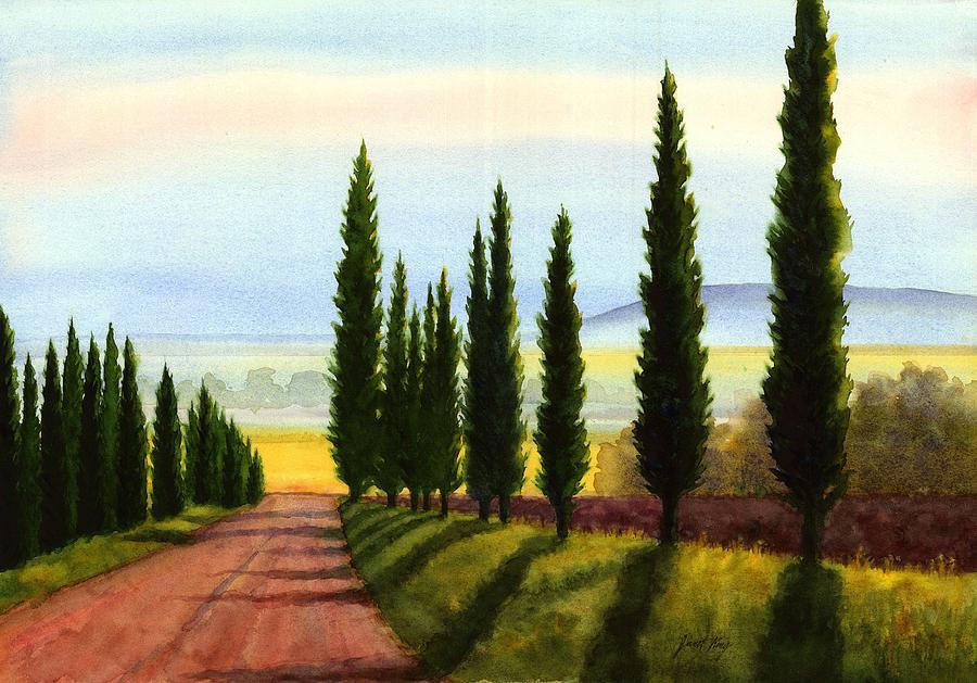 900x629 Tuscany Cypress Trees Painting By Janet King - Cypress Painting