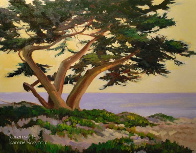 800x625 Windblown Cypress Tree California Beach Seascape Oil Painting - Cypress Tree Painting
