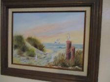 225x169 Vintage Ocean Beach Wave Oil Painting Seagulls Sunset By Artist - D Perry Oil Painting