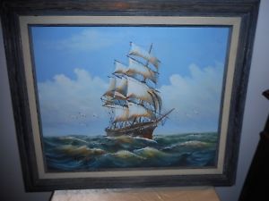300x225 D. Perry Framed Amp Signed Vtg. Seascape Amp Schooner Oil Painting - D Perry Oil Painting