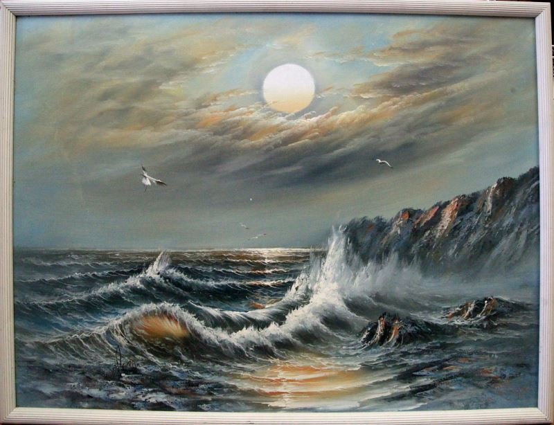 800x614 D. Perry Oil On Canvas Painting Beach Moon Scene - D Perry Oil Painting