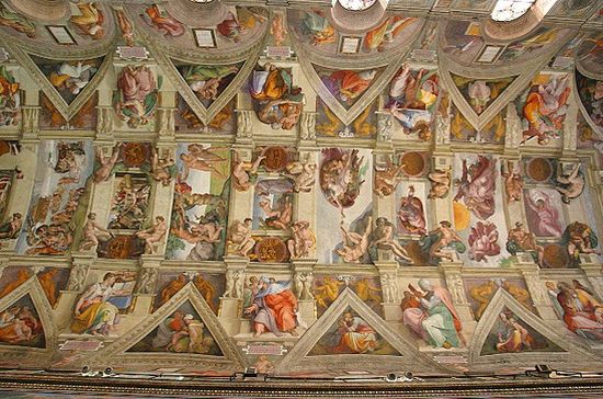 550x364 How Michelangelo Painted The Sistine Chapel Great Names In History - Da Vinci Ceiling Painting