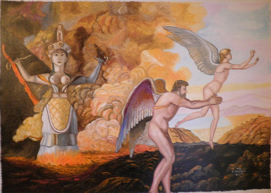 900x640 Daedalus And Icarus Escaping Painting By Konstantinos Baklatzis - Daedalus And Icarus Painting