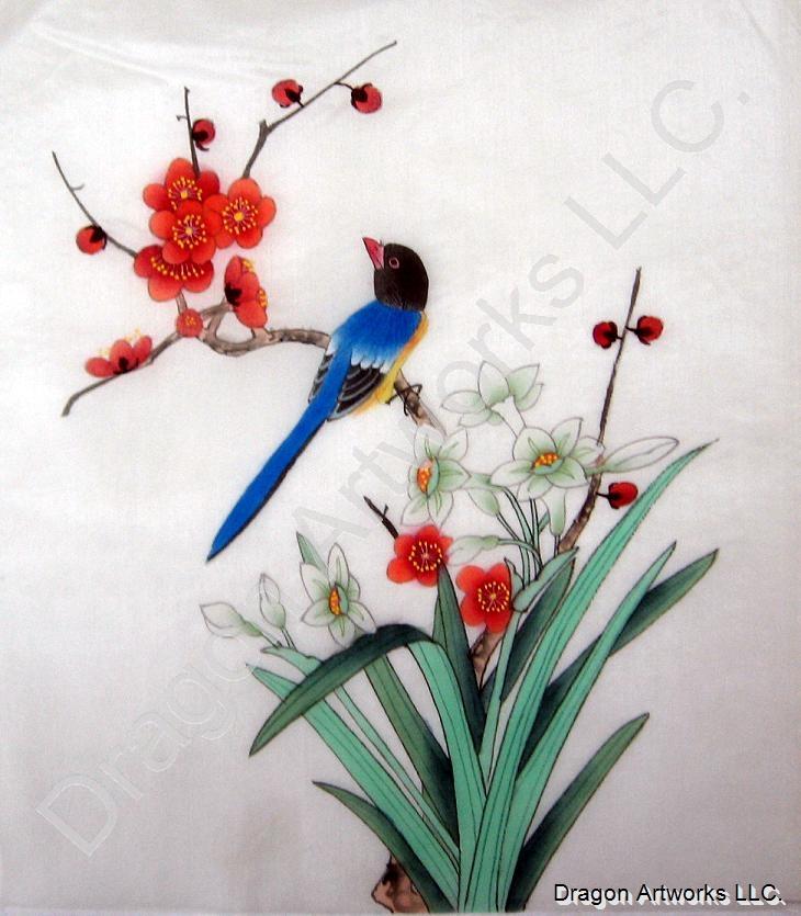 730x835 Silk Painting Of Bird, Peach And Daffodil Flowers - Daffodil Flower Painting
