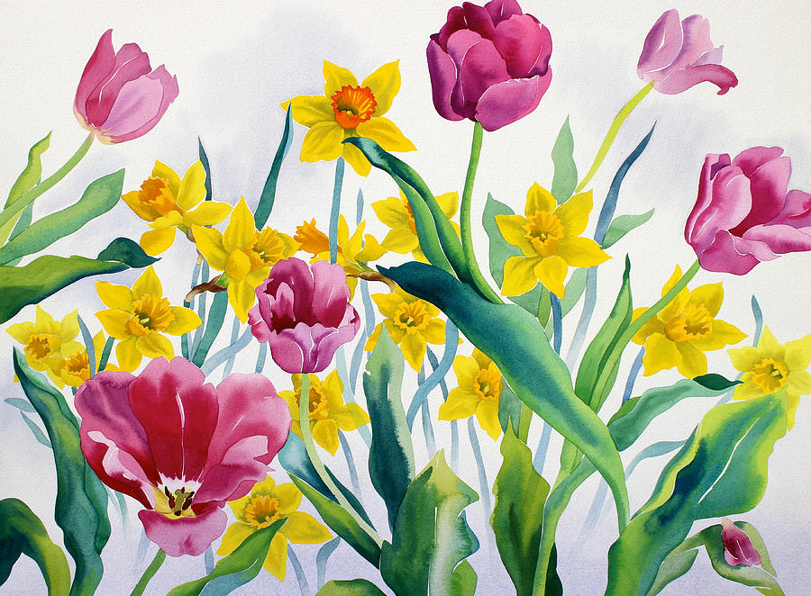 900x662 Daffodils And Tulips Painting By Christopher Ryland - Daffodil Painting