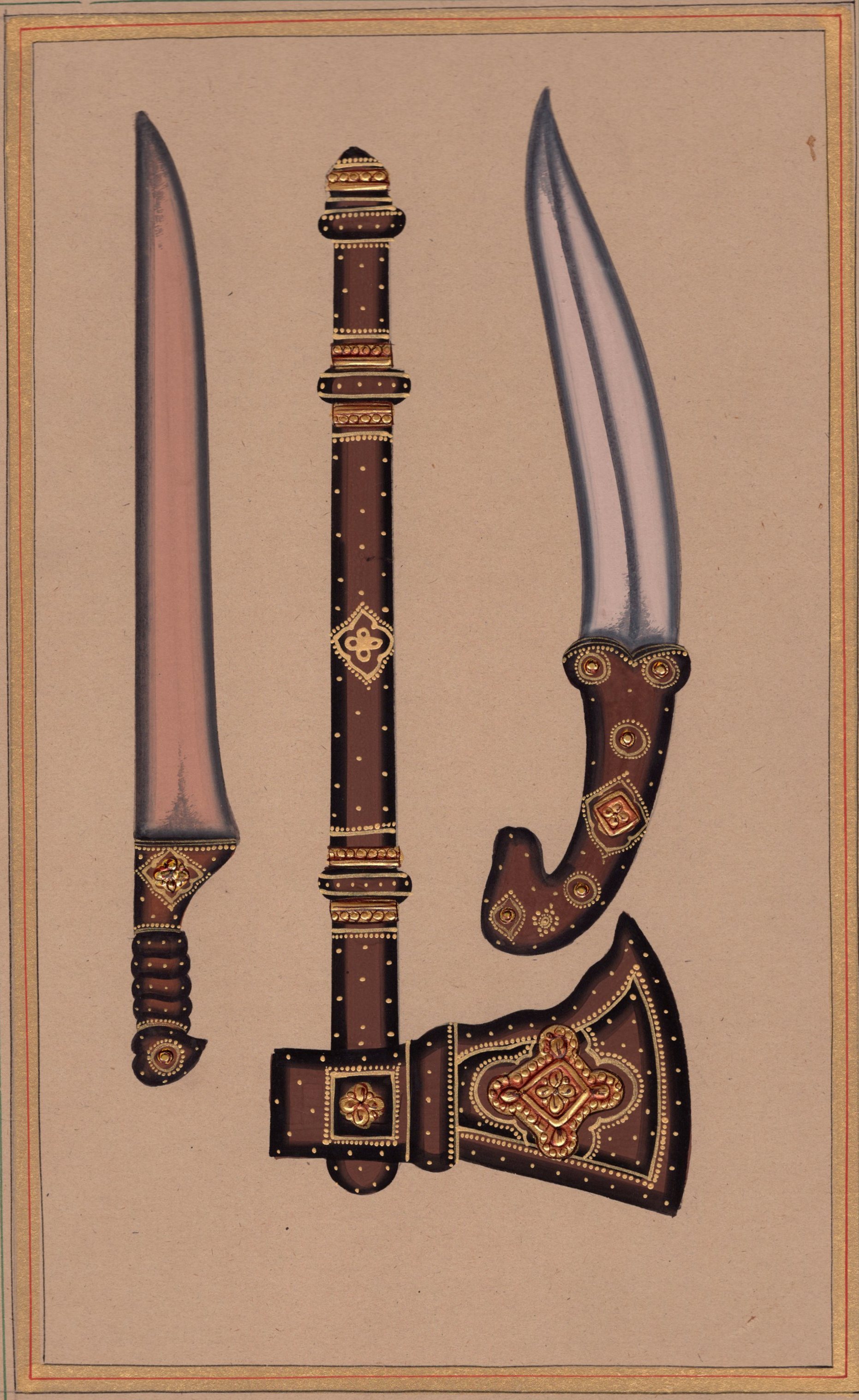 1862x3035 Indo Islamic Arms Art Handmade Decorated Dagger Axe Sword Mughal - Dagger Painting