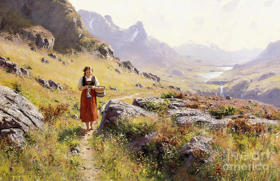900x583 Knitting In A Norwegian Landscape Painting By Hans Dahl - Dahl Painting