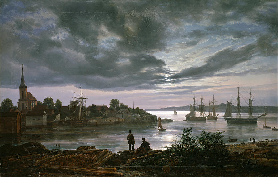 900x574 Larvik By Moonlight Painting By Johan Christian Dahl - Dahl Painting