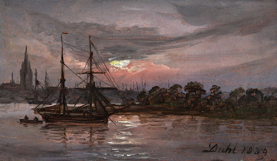 900x522 Moonlight Over The River Oder At Swinemuende, Dresden Painting By - Dahl Painting