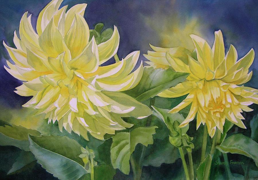 900x630 Yellow Dahlia Duet Painting By Sharon Freeman - Dahlia Painting