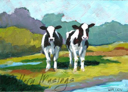 436x315 Smell The Fresh Hay In The Field As These Black And White Holstein - Dairy Cow Painting