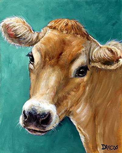 401x500 Jersey Cow Art Print, Honey Colored Jersey Cow On Teal - Dairy Cow Painting
