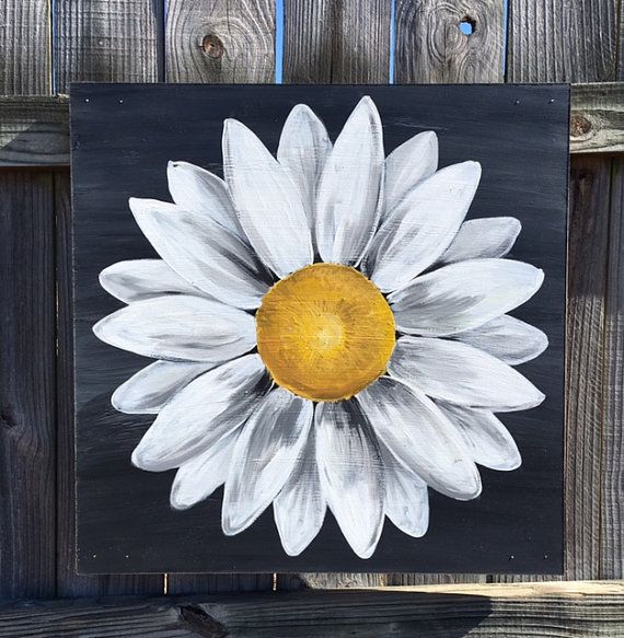 570x583 Daisy Painting On Wood Panel Original Flower Art Black And White - Daisy Flower Painting