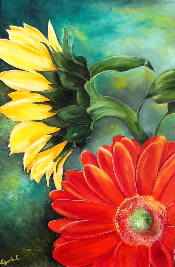 603x920 Daisy And Sunflower, Oil 36x24 - Daisy Oil Painting