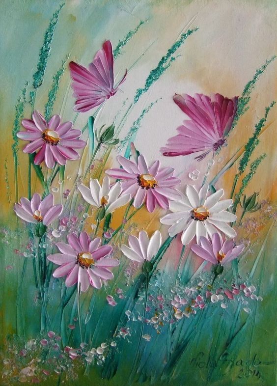 564x786 Pink Butterflies Daisy Meadow Original Impasto Oil Painting Europe - Daisy Oil Painting