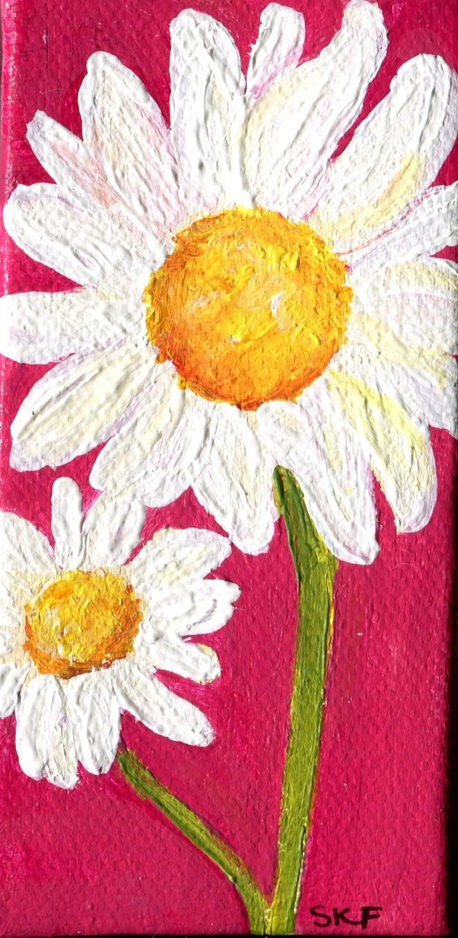 662x1354 Shasta Daisy Painting, Pink Mini Canvas With Mini Easel, Original - Daisy Painting On Canvas