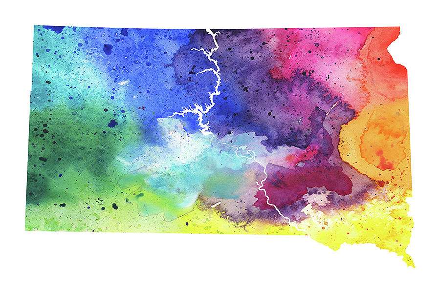 900x600 Watercolor Map Of South Dakota, In Rainbow Colors Painting By - Dakota Painting