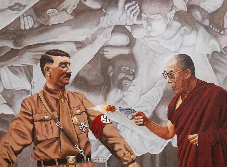 900x661 The Dalai Lama Shoots Adolph Hitler Painting By Allan Omarra - Dalai Lama Painting