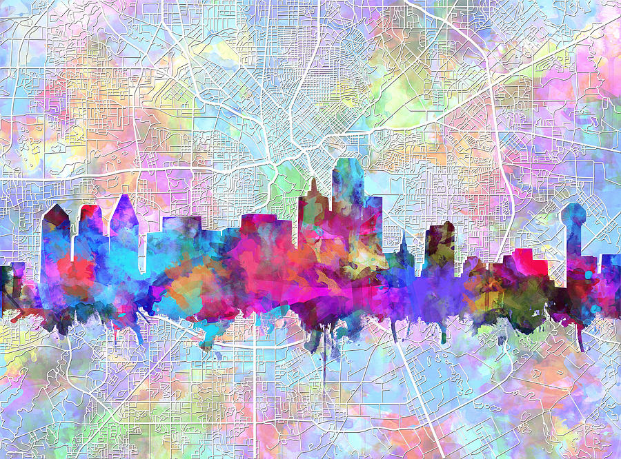 900x666 Dallas Skyline Map Purple Painting By Bekim Art - Dallas Skyline Painting