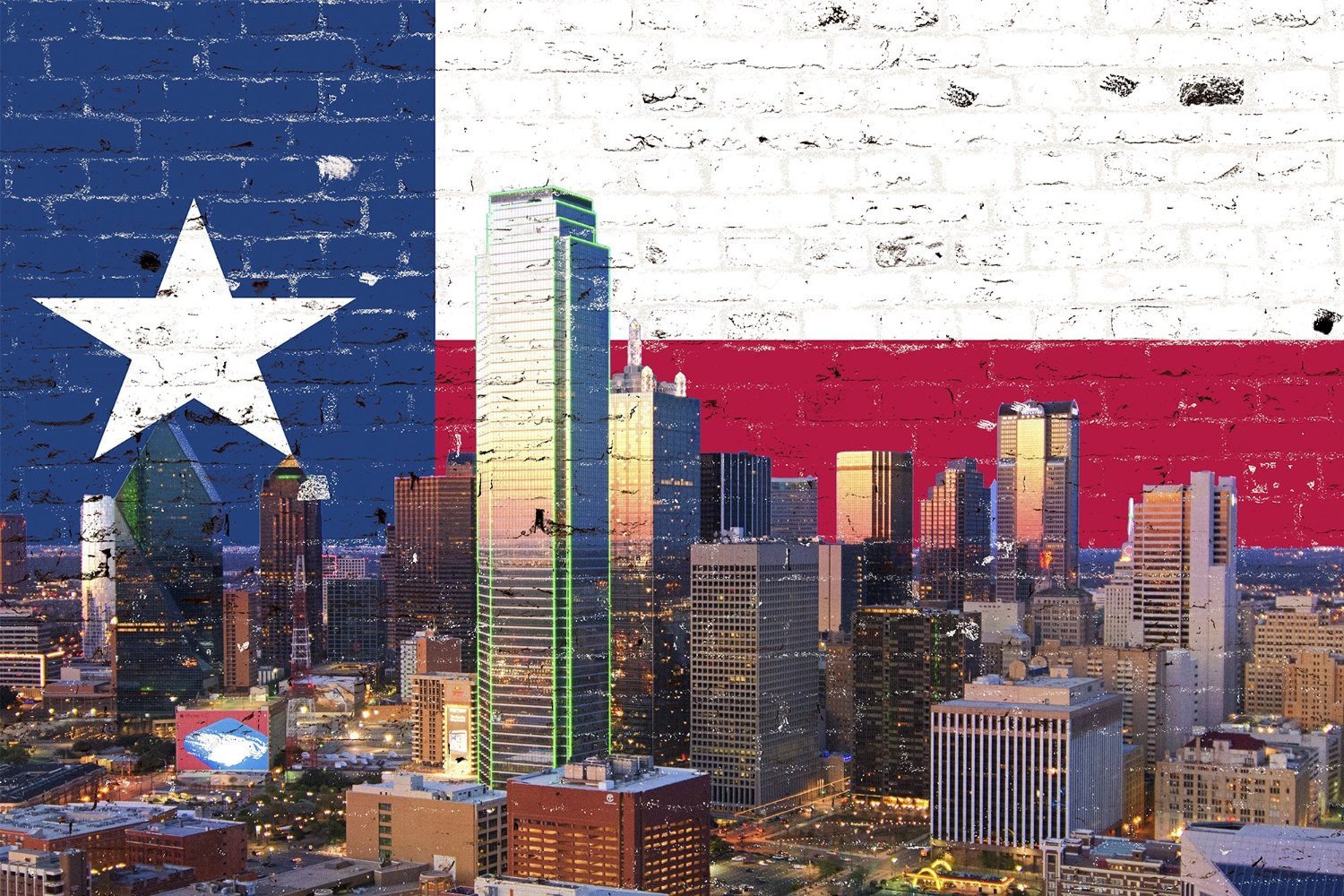 1500x1000 Dallas Skyline Texas Flag - Dallas Skyline Painting
