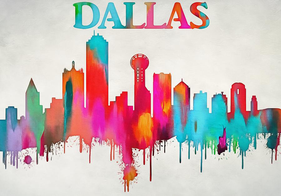 900x629 Colorful Dallas Skyline Silhouette Painting By Dan Sproul - Dallas Skyline Painting