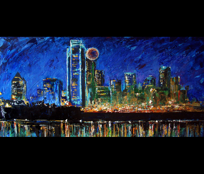 700x600 Dallas Night Skyline - Dallas Skyline Painting