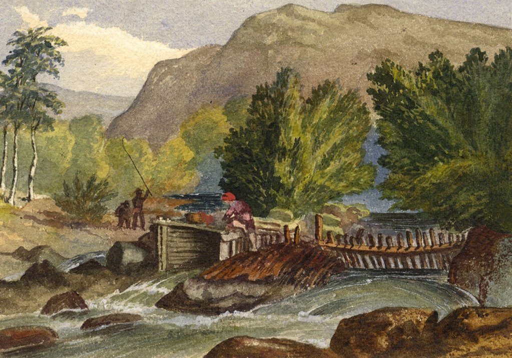 1023x714 River Dam Building Scene - Dam Painting
