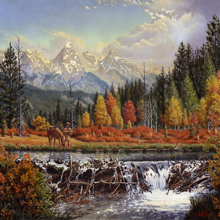 900x900 Western Mountain Landscape Autumn Mountain Man Trapper Beaver Dam - Dam Painting