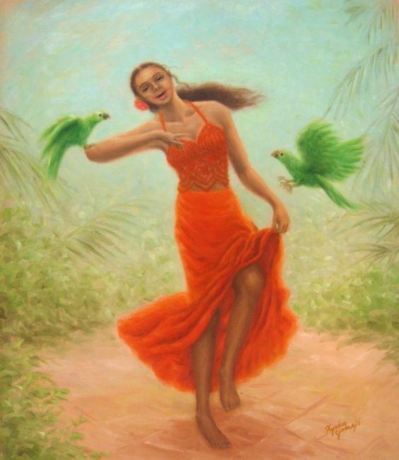 564x650 Dance With Parrots (Kyoko Yamaji) - Dancing Lady Painting