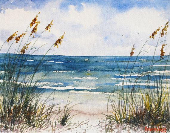 570x445 Beach Painting, Sea Oats Dancing In The Wind, Original Watercolor - Dancing On The Beach Painting