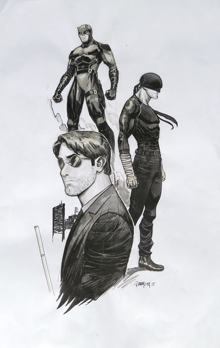 443x700 Dan Mora Daredevil Triple Character Daredevil Painted Sketch - Daredevil White Painting