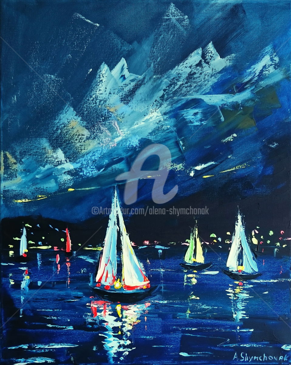 959x1200 Dark Blue Original Seascape Oil Painting (Alena Shymchonak) - Dark Blue Painting