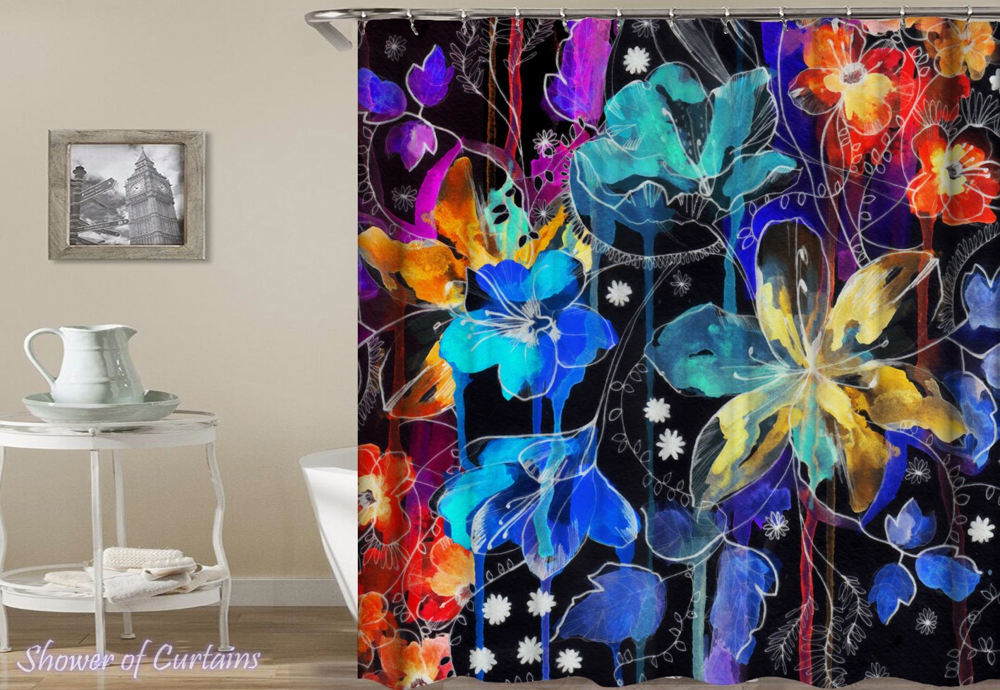1417x978 Shower Curtains Dark Flower Painting Shower Of Curtains - Dark Flower Painting