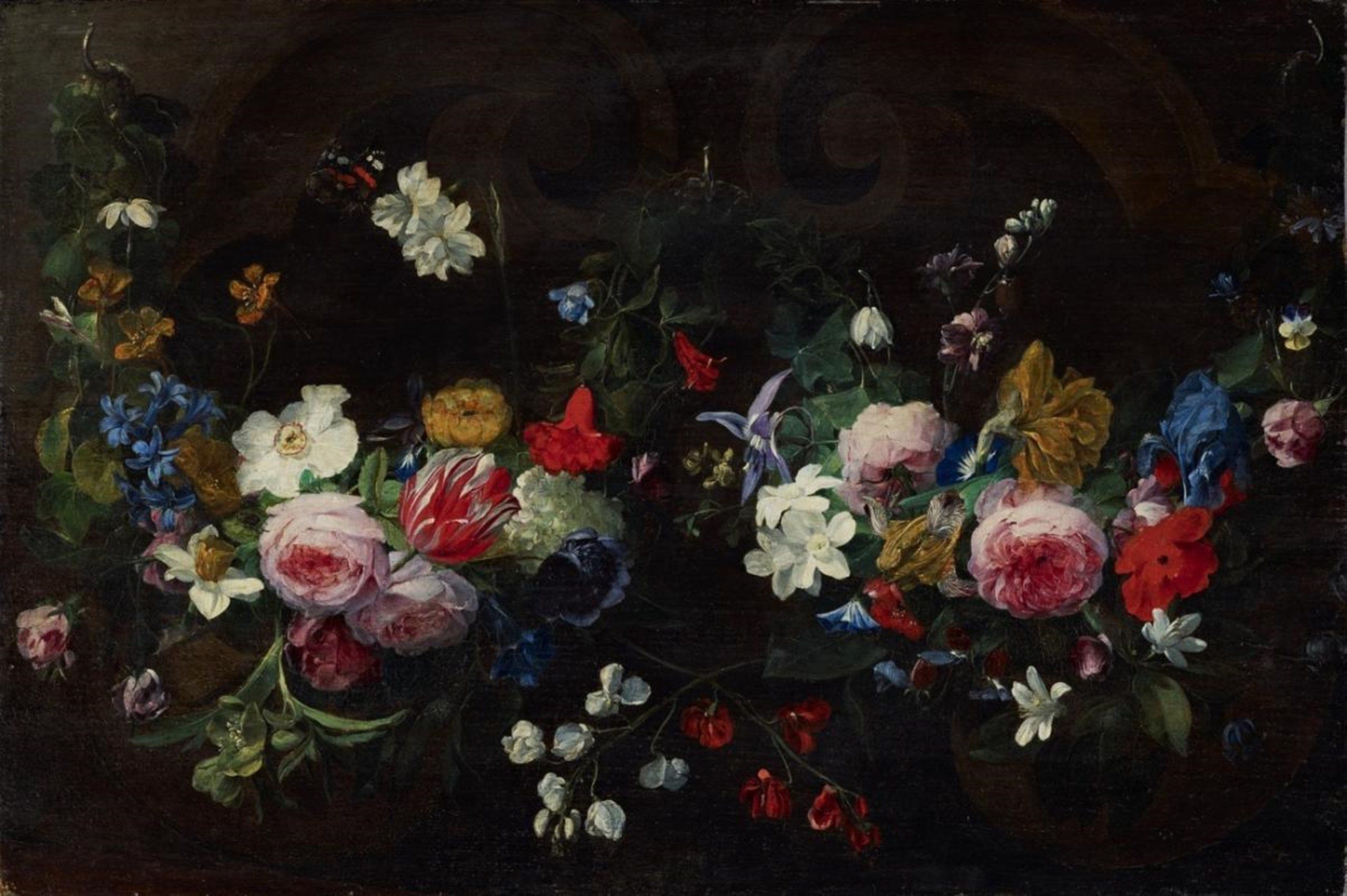 2560x1703 Daniel Seghers, Garland Of Flowers Against A Dark Background - Dark Flower Painting