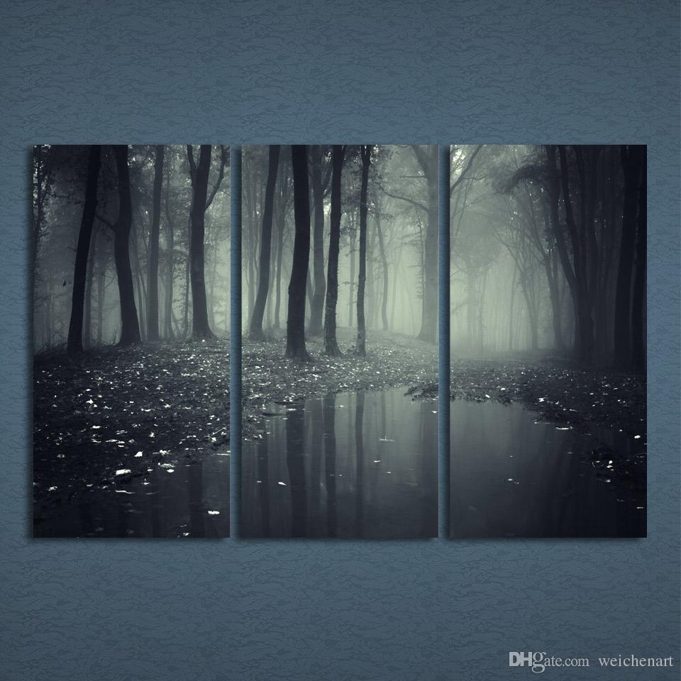 960x960 2018 3 Panels Canvas Art Misty Dark Forest Home Decor Painting - Dark Forest Painting