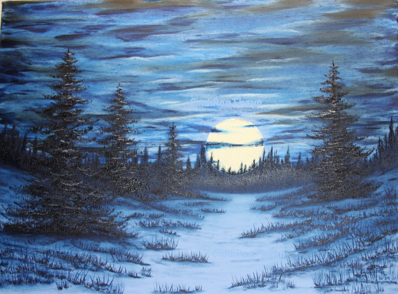 800x591 Blue Moon Glow In The Dark Original Landscape Oil Painting By - Dark Landscape Painting