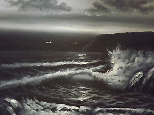 300x225 Black White Seascape Ocean Large Oil Painting Canvas Art Sea Wave - Dark Ocean Painting