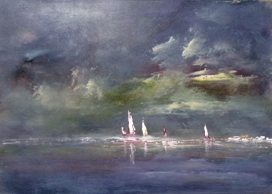 900x641 Dark Skies Sombre And Lonely Iv Impressionist Seascape Oil On Card - Dark Sky Painting