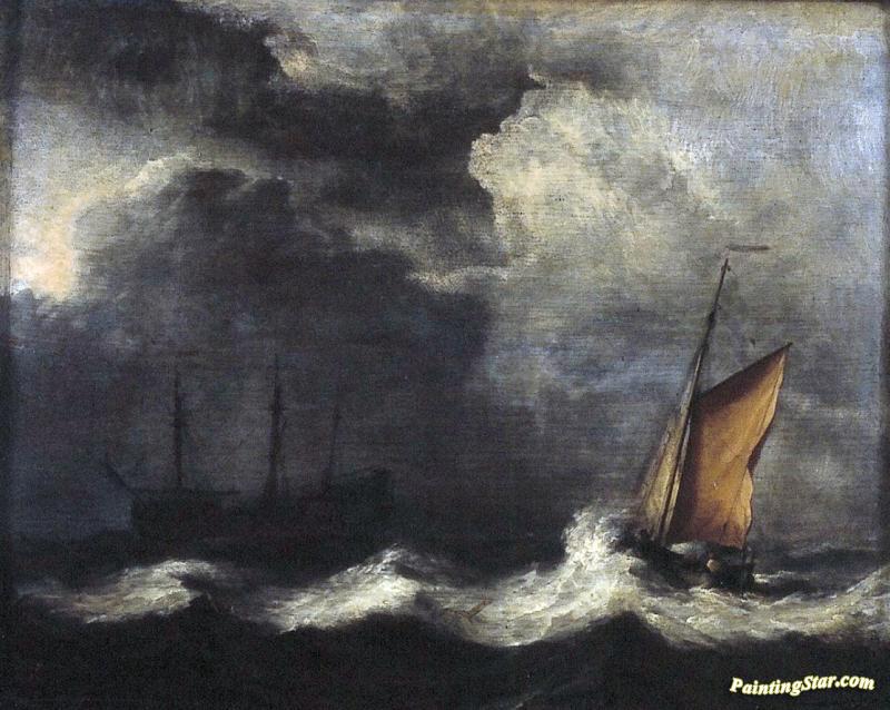 800x638 Ships In A Strong Wind And Under A Dark Sky Artwork By Willem Van - Dark Sky Painting