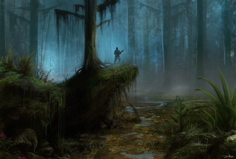 900x605 Primal Carnage Concept Art 021 By Oission - Dark Swamp Painting
