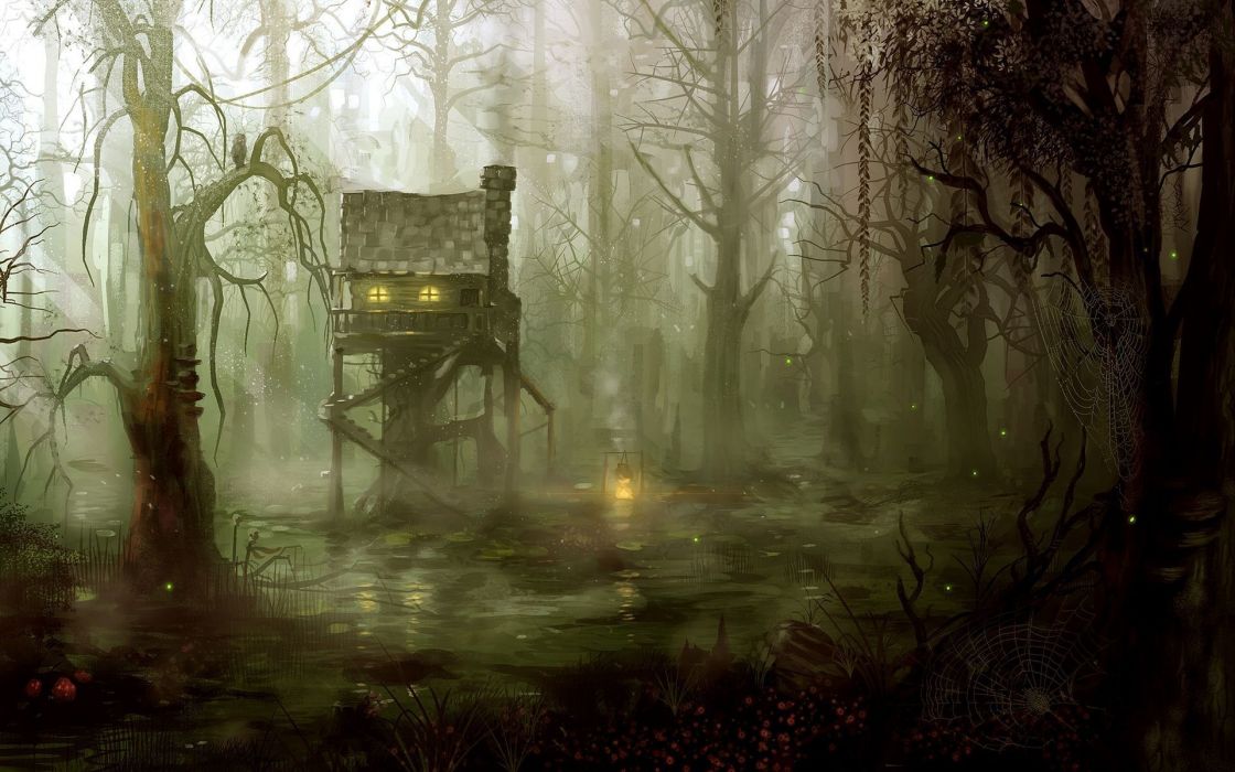1120x700 Fantasy Art Artistic Drawing Painting Dark Spooky Architecture - Dark Swamp Painting