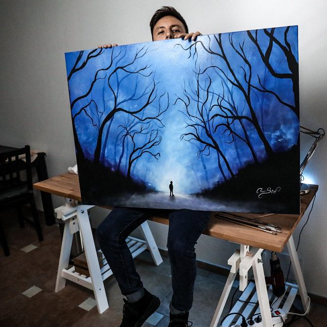 640x640 Glow In The Dark Tree Path Painting In Blue On Canvas. Browse - Dark Tree Painting