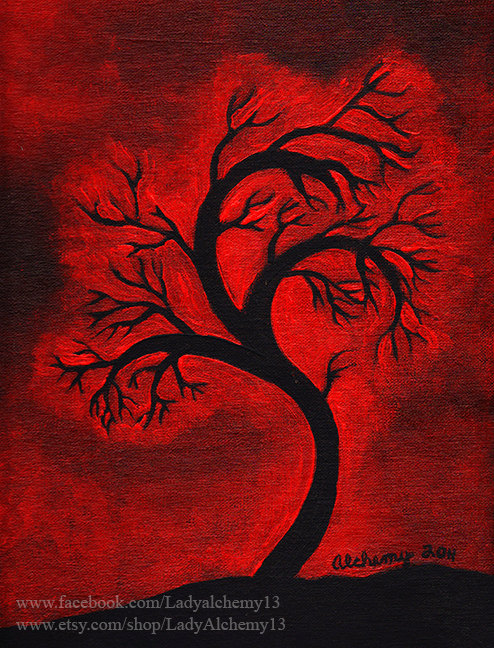 494x648 Red Sky Black Tree Silhouette Signed Print Of Original - Dark Tree Painting