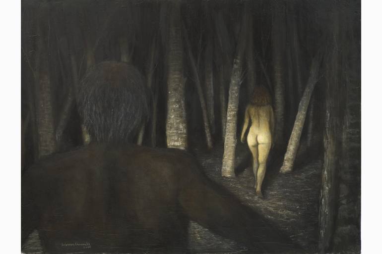 770x513 Saatchi Art A Man Following A Woman In Dark Woods Painting By - Dark Wood Painting