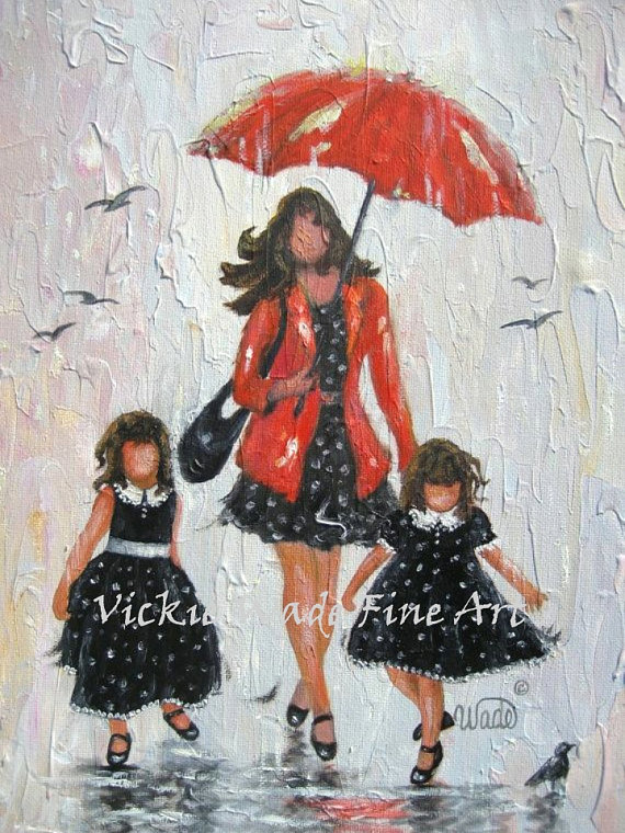 570x760 Mother And Two Daughters Art Print Mom Two Girls Rain - Daughters Painting